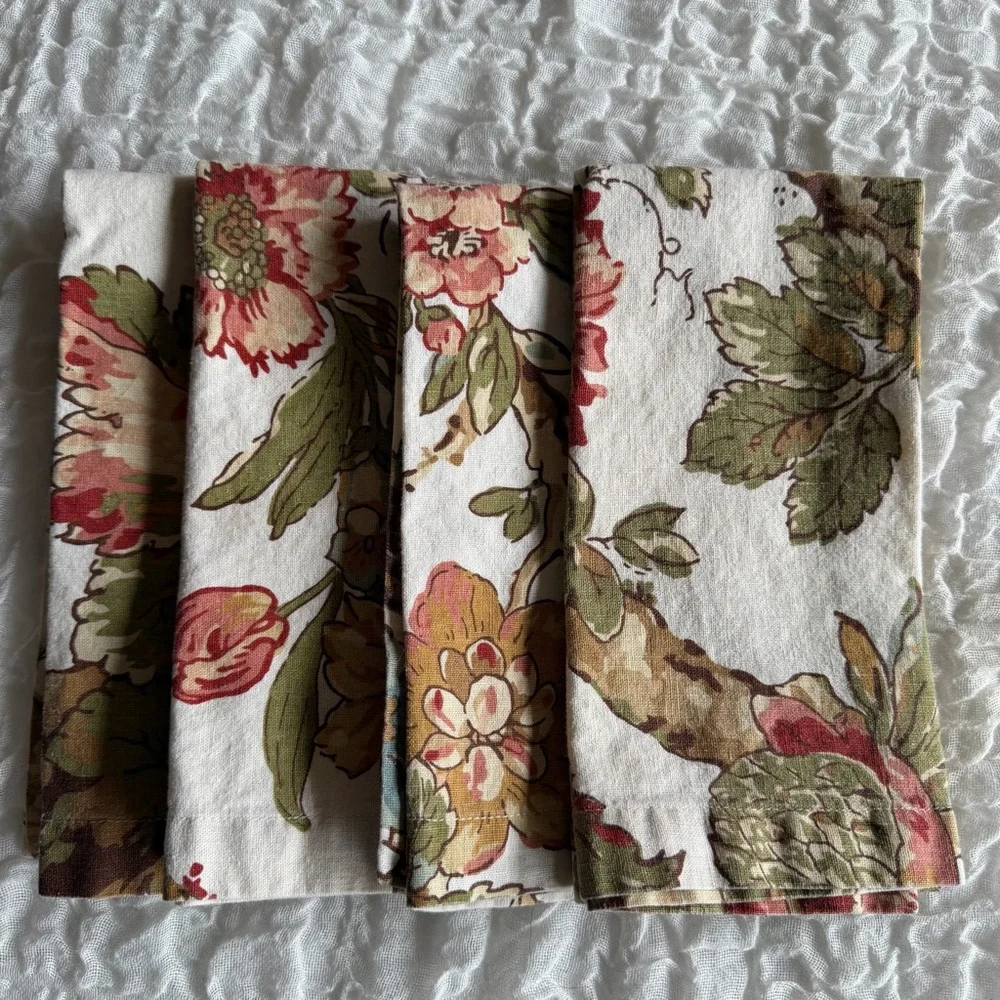 Pottery Barn Floral Linen Cotton Napkins Set Cottagecore Sage Green